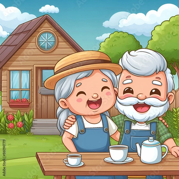 Obraz An elderly man and woman sit and laugh happily in a garden house in the middle of nature.