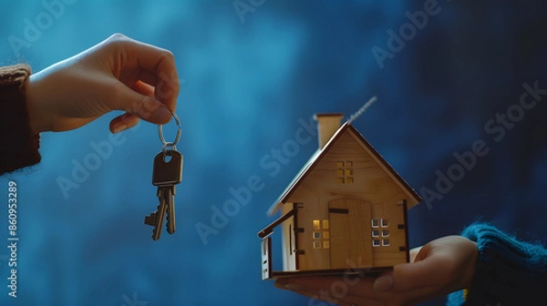 Obraz Closeup of hand holding keys and wooden house model against blue background : Generative AI