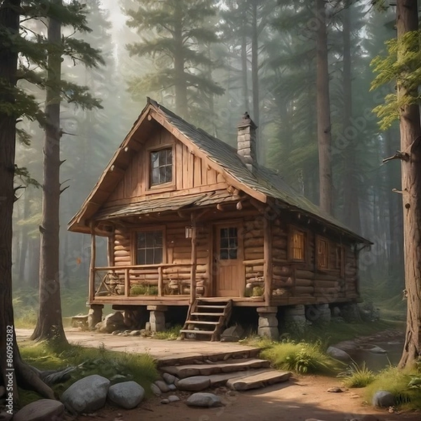 Obraz log cabin surrounded by trees and mist