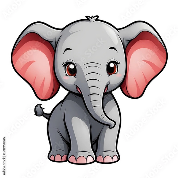 Fototapeta Cute Childish Kawaii Elephant Character Sticker Standing with Big Round Eyes, Floppy Ears, and a Happy Expression, Thick Black Outline, Generative AI.