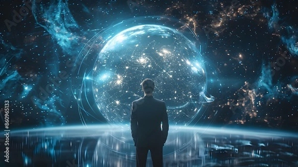 Fototapeta Businessman presenting futuristic business world metaverse graphic. In the form of innovation in digital business processing technology, innovation of the 21st century	