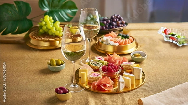 Fototapeta オードブルセットのイメージ　ワインに合う生ハムやチーズ、果物、創作料理の盛り合わせ