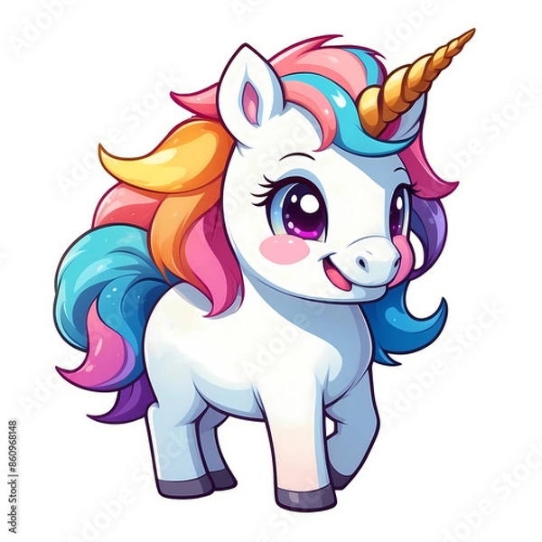 Fototapeta Cute Childish Kawaii Unicorn Character Sticker Standing with Sparkling Eyes, Rainbow Mane and Tail, Happy Expression, Thick Black Outline, Generative AI.