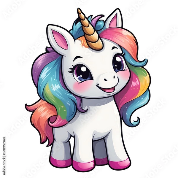 Fototapeta Cute Childish Kawaii Unicorn Character Sticker Standing with Sparkling Eyes, Rainbow Mane and Tail, Happy Expression, Thick Black Outline, Generative AI.