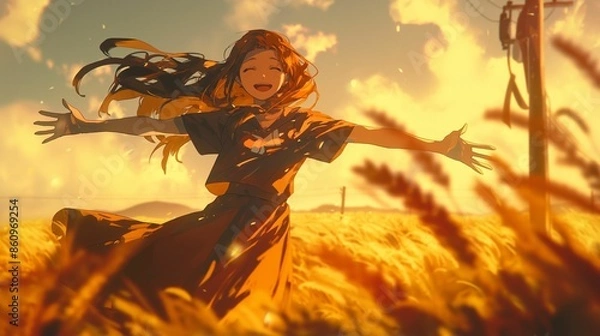 Fototapeta Anime-style illustration of a girl joyfully running through a golden wheat field under a vibrant sky