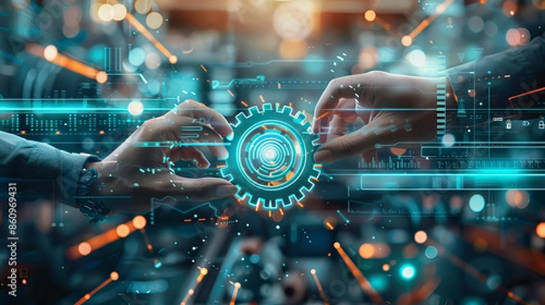 Fototapeta business scene showcasing two hands collaboratively fitting gears together symbol teamwork.