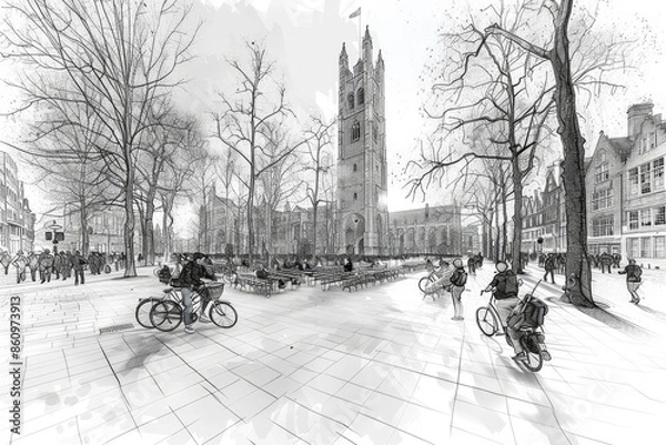 Fototapeta  Abstract black and white architectural sketch of a winter cityscape with snow-covered buildings and streets, high resolution