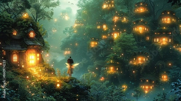 Fototapeta Wonderous scene of a child discovering a hidden fairy village in the forest, with glowing lights and magical creatures. Illustration, Minimalism,