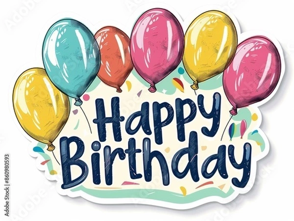 Fototapeta Cheerful vector flat illustration of a colorful banner with confetti and bunting displaying "HAPPY BIRTHDAY" text on a white background. Perfect clip art for festive party decoration, celebration