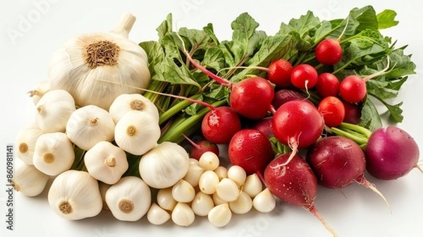 Fototapeta A colorful assortment of allicin and xanthonerich white vegetables including garlic