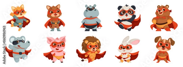 Fototapeta Set of cute superhero animal characters in colorful costumes, perfect for kids' illustrations or animated projects.