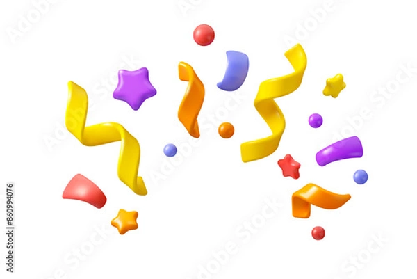 Fototapeta Vector 3d confetti firework background. Colorful realistic firecracker icon, cute design elements isolated. Birthday or carnival illustration, party serpentine decoration set.
