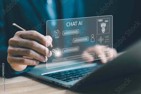 Fototapeta AI generates command prompt information, smart robot conversation. concept of bot artificial intelligence open for chat customers, business communication, development of chatbot digital technology. 