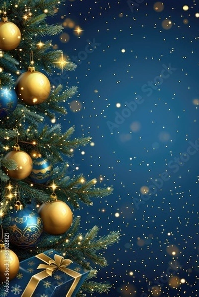 Fototapeta A Christmas tree with gold and blue ornaments and a blue background