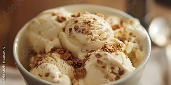 Fototapeta Vanilla ice cream with nuts in white bowl on brown background.