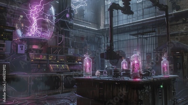 Fototapeta Frankensteins lab with body parts in jars, crackling Tesla coils, ominous machinery
