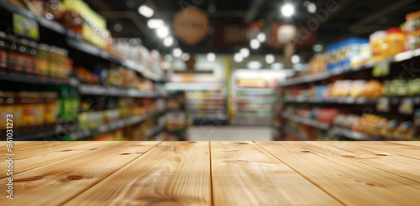 Obraz Empty wooden table on blurred grocery store background