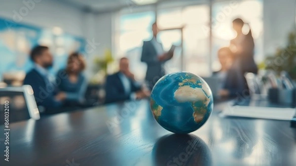 Obraz Photo of business team meeting with a globe on the table in an office, focusing on the planet Earth and blurred people at work during a conference or group business training for travel company ideas c