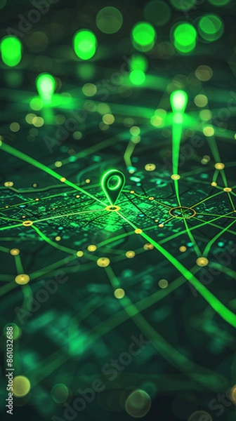 Fototapeta Futuristic GPS Map with Glowing Green Markers and Network Connections