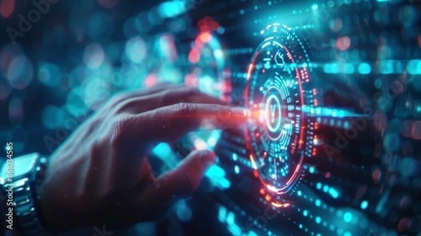 Fototapeta Innovative touch screen interface with holographic data visuals, showcasing futuristic technology and interactive user experience.