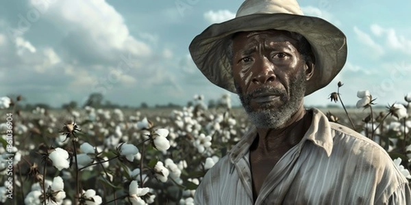 Fototapeta Sharecroppers in cotton field, harsh sunlight, weathered faces, simple clothing, vast plantation