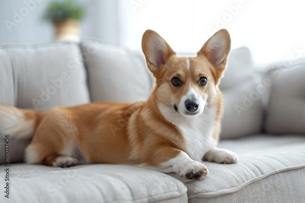 Fototapeta A corgi dog lying on the sofa in an American style living room, with white walls and light gray fabric sofas. The background is blurred, highlighting details of the ears, eyes, nose, paws, tail, soft 