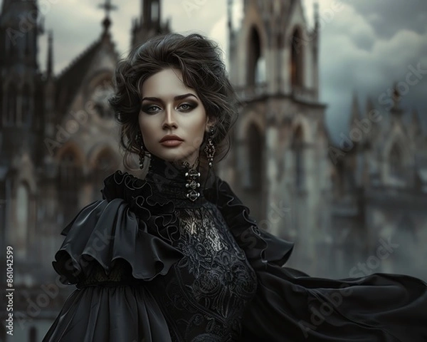 Fototapeta Gothic Feminism A Gothicinspired portrait of a woman in dark, elegant attire, with a background of medieval architecture, symbolizing strength in darkness