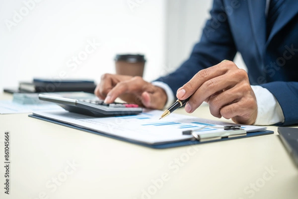 Fototapeta A banker in a suit works at a desk handling loans, analyzing client financial data, providing financial advice, dealing with stocks and the stock market, and studying economic situations.