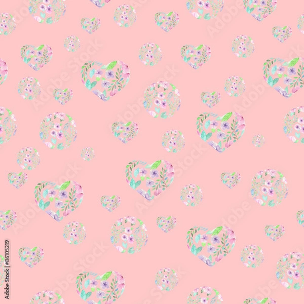 Fototapeta Seamless pattern of hearts and circles formed from the watercolor floral elements on a pink background