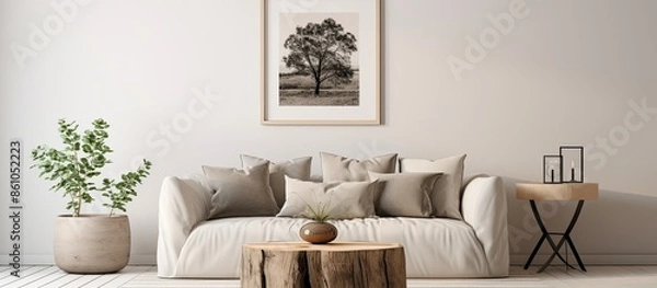 Fototapeta Spring-themed kitchen interior with light colors and a beige couch, cactus, and macrame on the wall. Ideal for copy space image.