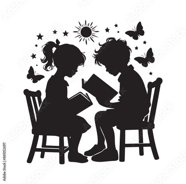 Fototapeta boy and girl reading book vector silhouette