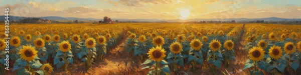 Fototapeta A picturesque landscape of sunflower fields under a radiant sun, rendered in thick oil layers to capture the cheerful and vibrant atmosphere, Generative AI