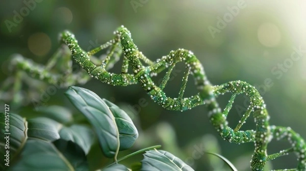 Fototapeta Leafy DNA structure on soft green eco tech