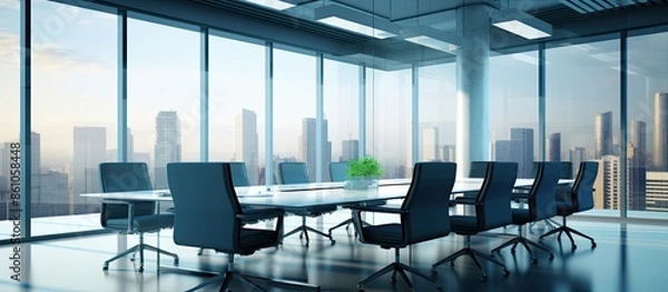 Fototapeta Modern conference room hosting a business meeting with ample copy space image.
