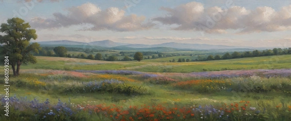 Fototapeta A serene countryside with fields of wildflowers and a distant tree line, depicted in thick oil paint to emphasize the peaceful and picturesque setting, Generative AI