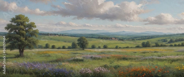 Fototapeta A serene countryside with fields of wildflowers and a distant tree line, depicted in thick oil paint to emphasize the peaceful and picturesque setting, Generative AI