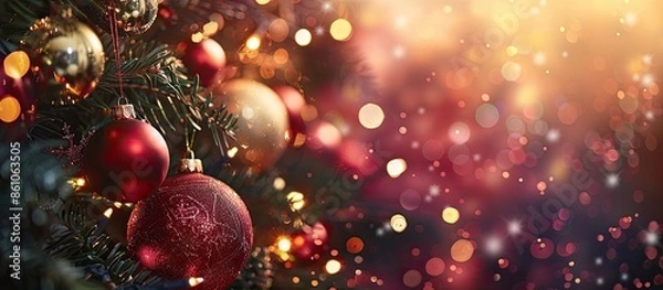 Fototapeta Merry Christmas and Happy New Year congratulation on cozy festive background . with copy space image. Place for adding text or design