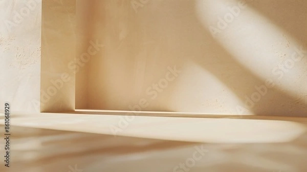 Fototapeta Light sand indoor wall, diffused natural light, subtle tones of beige and tan, creating a peaceful atmosphere.