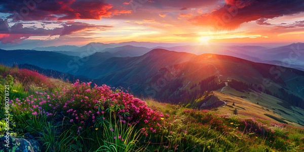 Fototapeta A mountain with a sunset and flowers in the foreground
