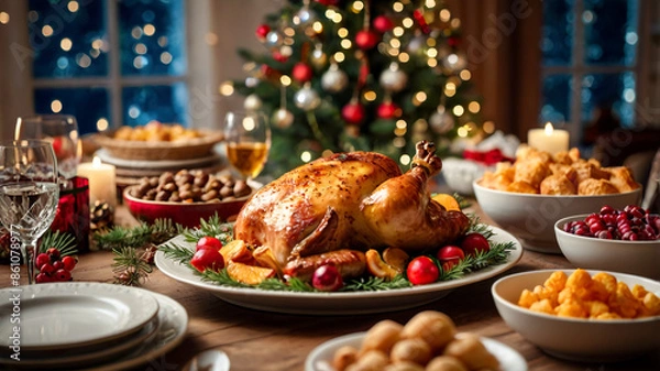 Fototapeta Christmas meal served on the table, Baked turkey with salads cakes and bread on the side with christmas decoration background