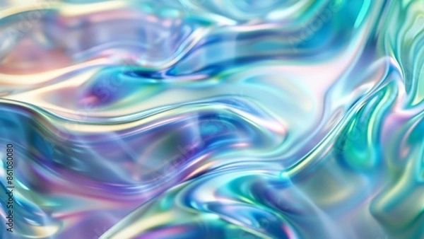 Fototapeta abstract metalic 3D wallpaper with iridescent liquid and wavy blue shapes and forms