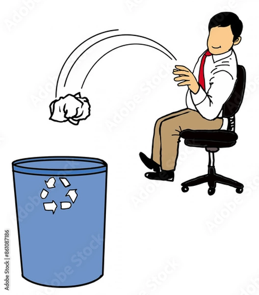 Obraz Office man throws paper into trash can