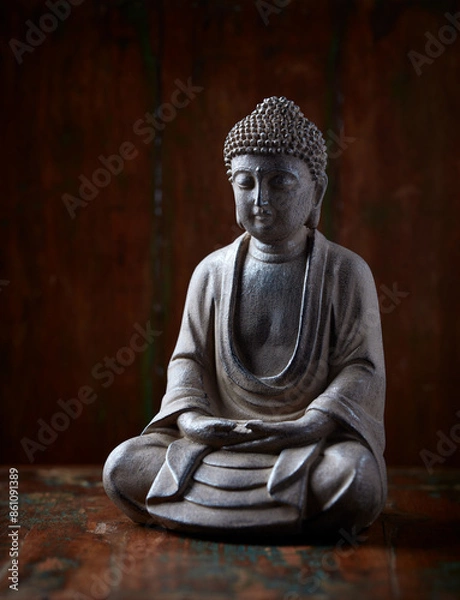 Fototapeta Meditating Buddha Statue on dark background. Soft focus. Close up. Copy space.	