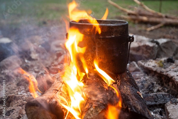Obraz Cooking food over a campfire in a camp pot.