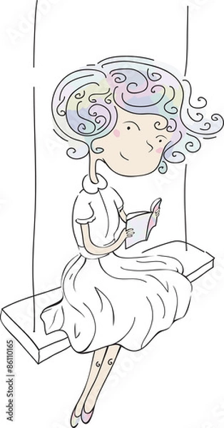 Fototapeta Vector vertical illustration of a young girl sitting on swing, with book, colored, pastel, cute