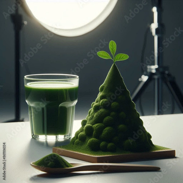 Obraz Next to a glass of water and a spoon, a little mountain of green juice powder rests on a white floor, illuminated cinematically in a studio setting. The photo is taken with a 50mm lens at f8 aperture.