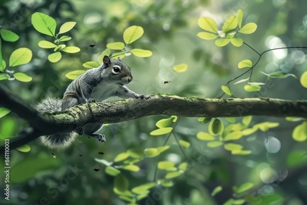 Fototapeta A squirrel is sitting on a tree branch