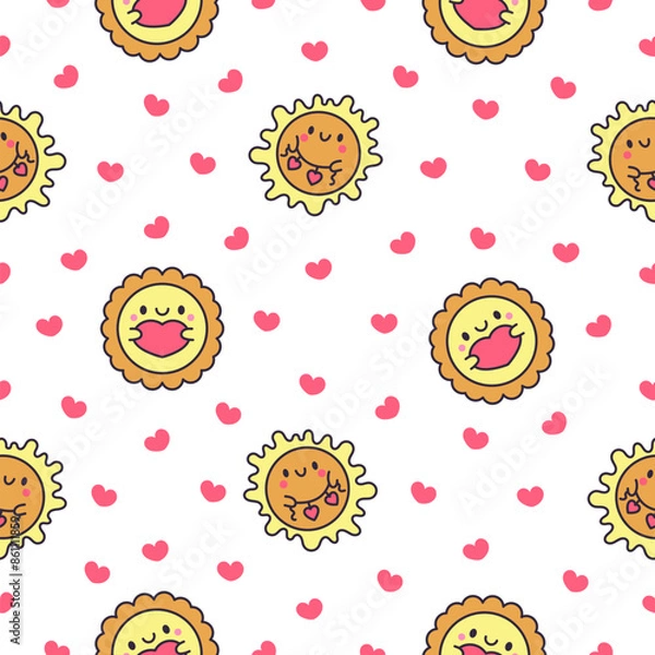 Fototapeta Cute kawaii sun with face. Seamless pattern. Cartoon smiling characters. Hand drawn style. Vector drawing. Design ornaments.