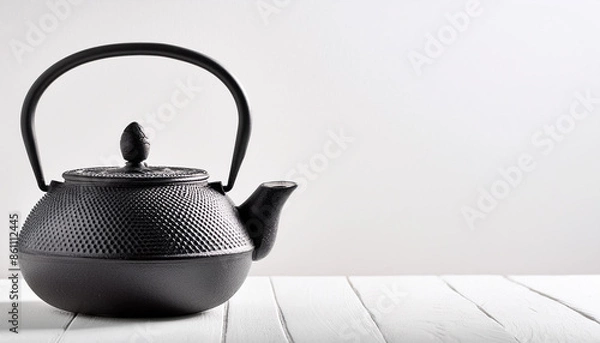 Fototapeta The image shows a simple and elegant teapot made of cast iron on pure white background, copy space