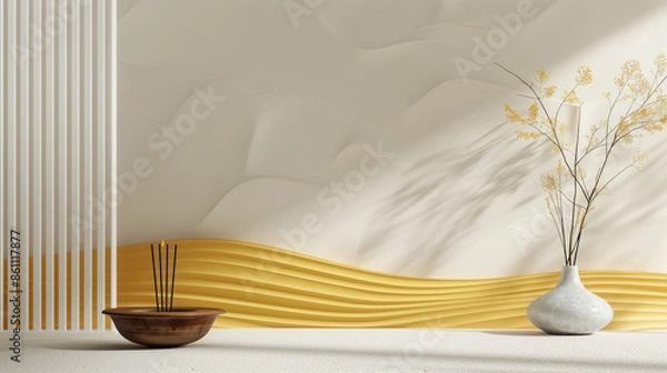 Obraz Zen composition mockup. Mindfulness Eastern style modern decoration. Buddhism meditation background. Spa copy space template banner Background wallpaper poster social media post. Generative Ai content